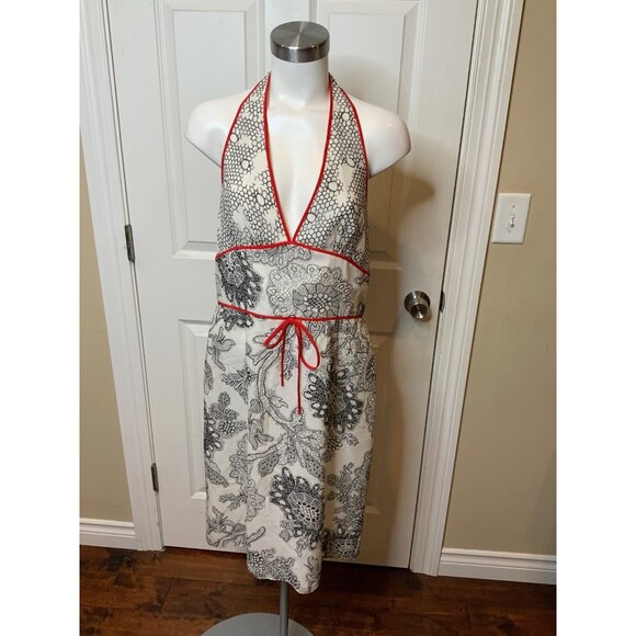 Kay Unger Black & White Floral Geometric Halter Dress W/ Red Piping, Size 12 - Picture 1 of 8
